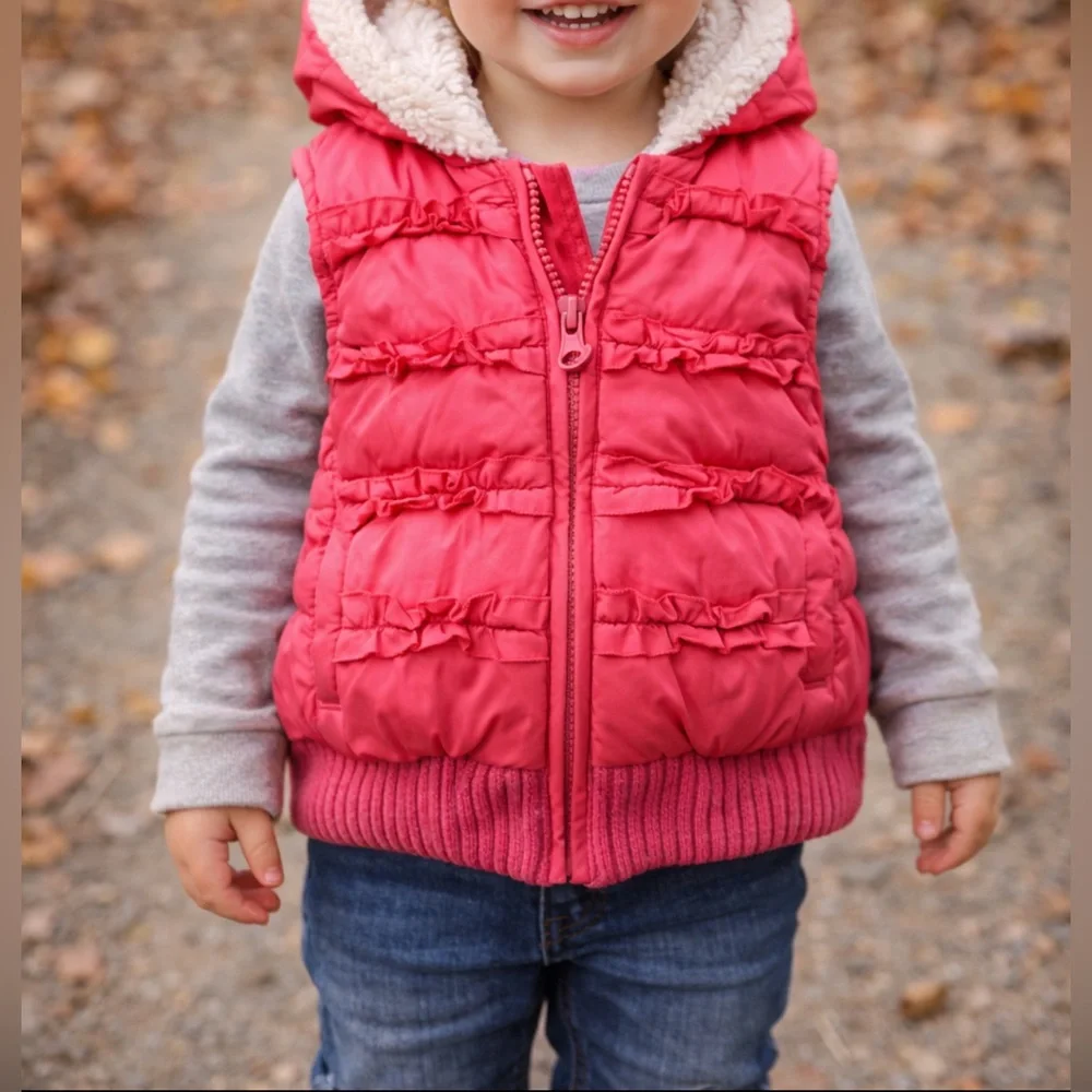 Old Navy Toddler Pink Puffer Vest Ruffle Hooded Size 12–18 Months. GUC